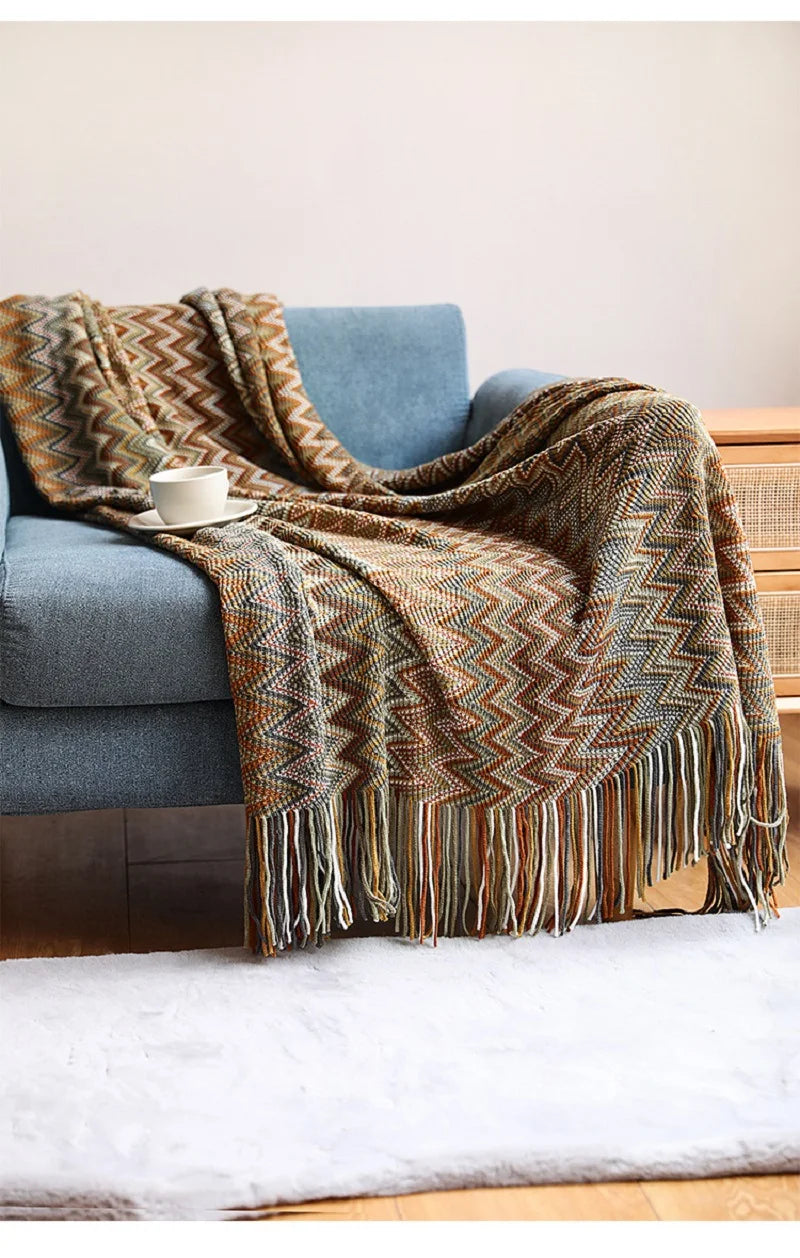 100% Acryl Hand Knitted Blanket with Tassel Summer Blanket Bed Sofa Travel Breathable Chic Bohemian Soft Comfortable Blanket