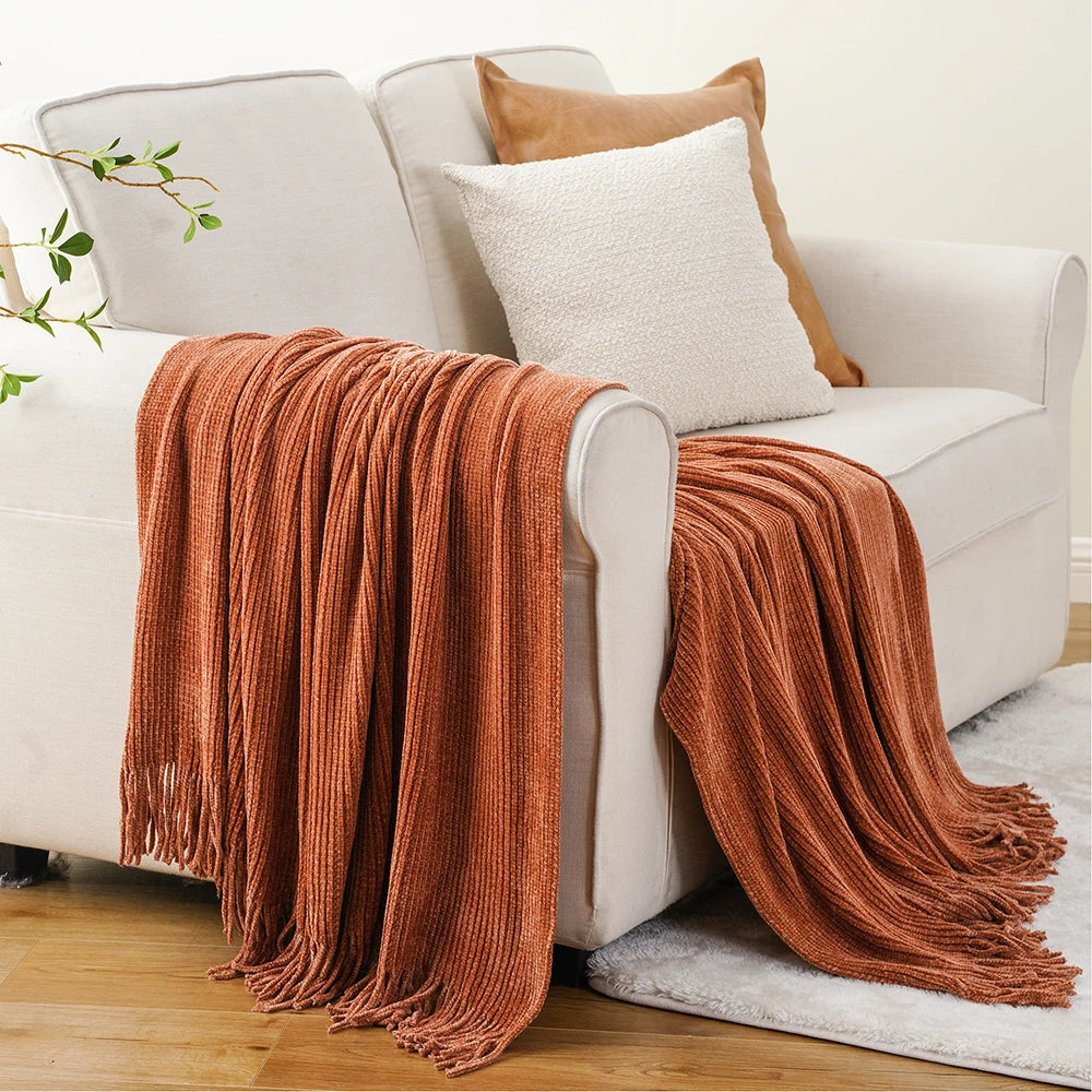 Battilo Chenille Knit Blankets with Tassels Green Plaid Throw Blanket for Bed Couch Decorative Sofa Blanket Bedroom Spring Decor