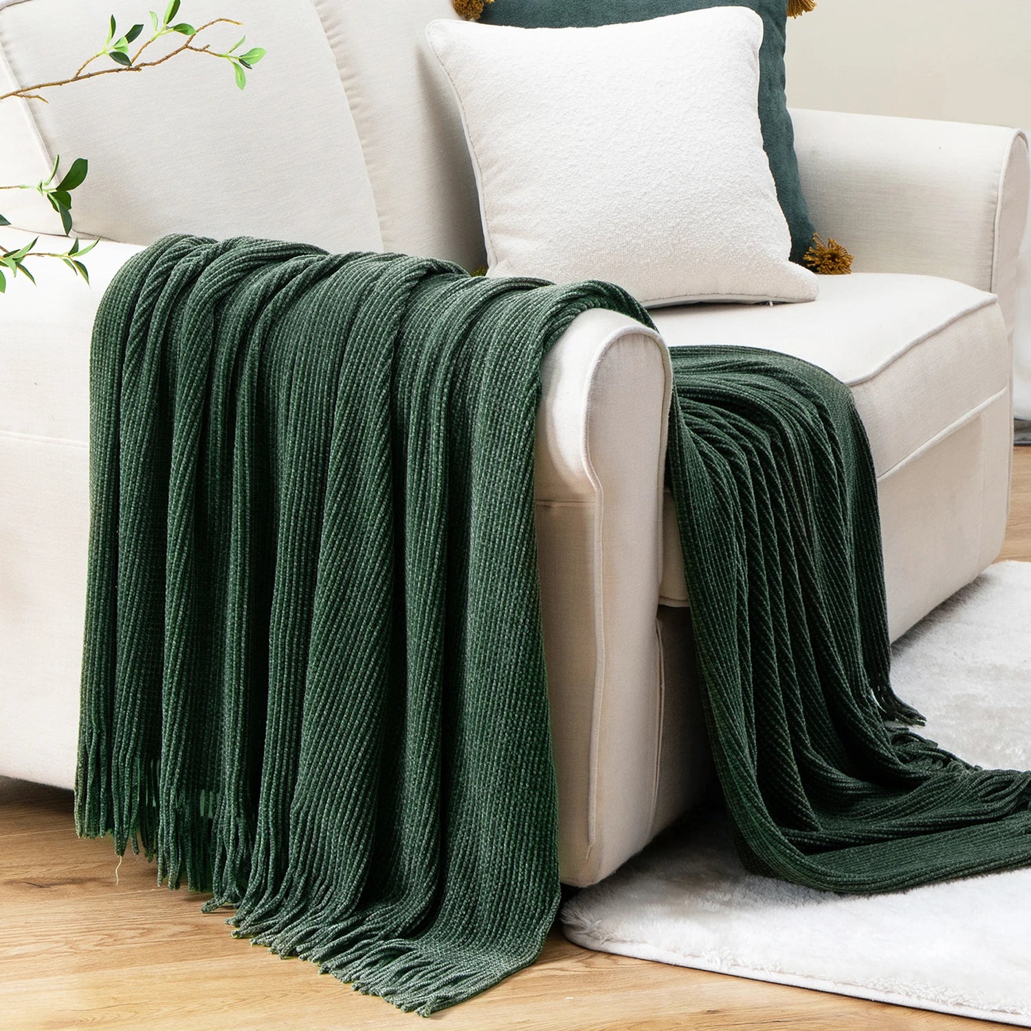 Battilo Chenille Knit Blankets with Tassels Green Plaid Throw Blanket for Bed Couch Decorative Sofa Blanket Bedroom Spring Decor