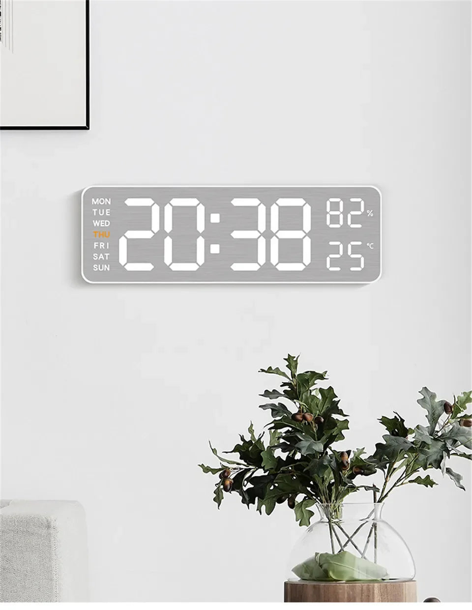 Mirror Brushed Finish Silent Wall Clock, Digital LED Display with Temperature Date Alarm, Modern Minimalist Decor for Bedroom