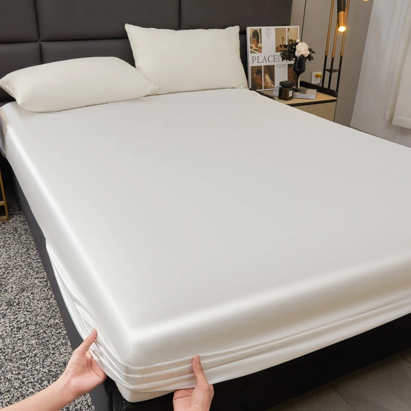 Waterproof Smooth Satin Fitted Sheet For Single Double Queen King Bed Silky Mattress Protector For Women Kids Family with Pet