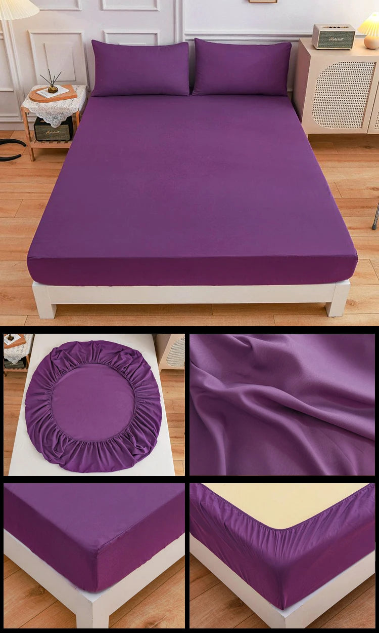 Kuup Polyester 3pcs Solid Color Queen Size Bedding Set - Fitted Sheet & Pillowcases with Elastic Band Mattress Cover