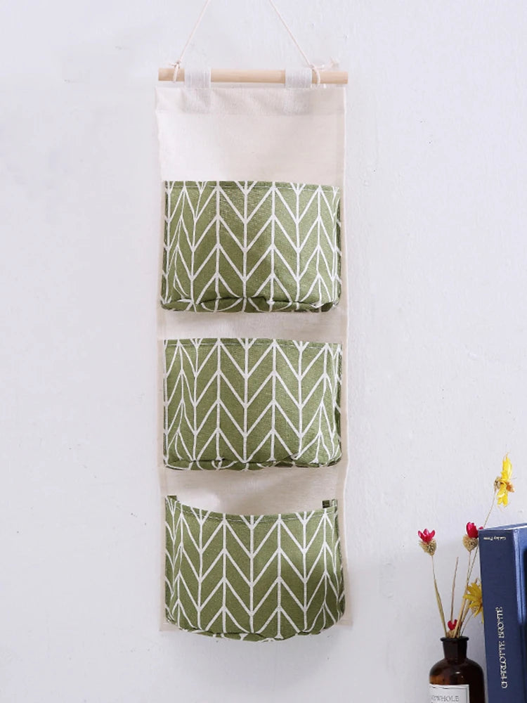 1PC Three Pockets Hanging Wall Storage Bag Household Bedroom Living Room Kitchen Cotton Linen Storage Bag