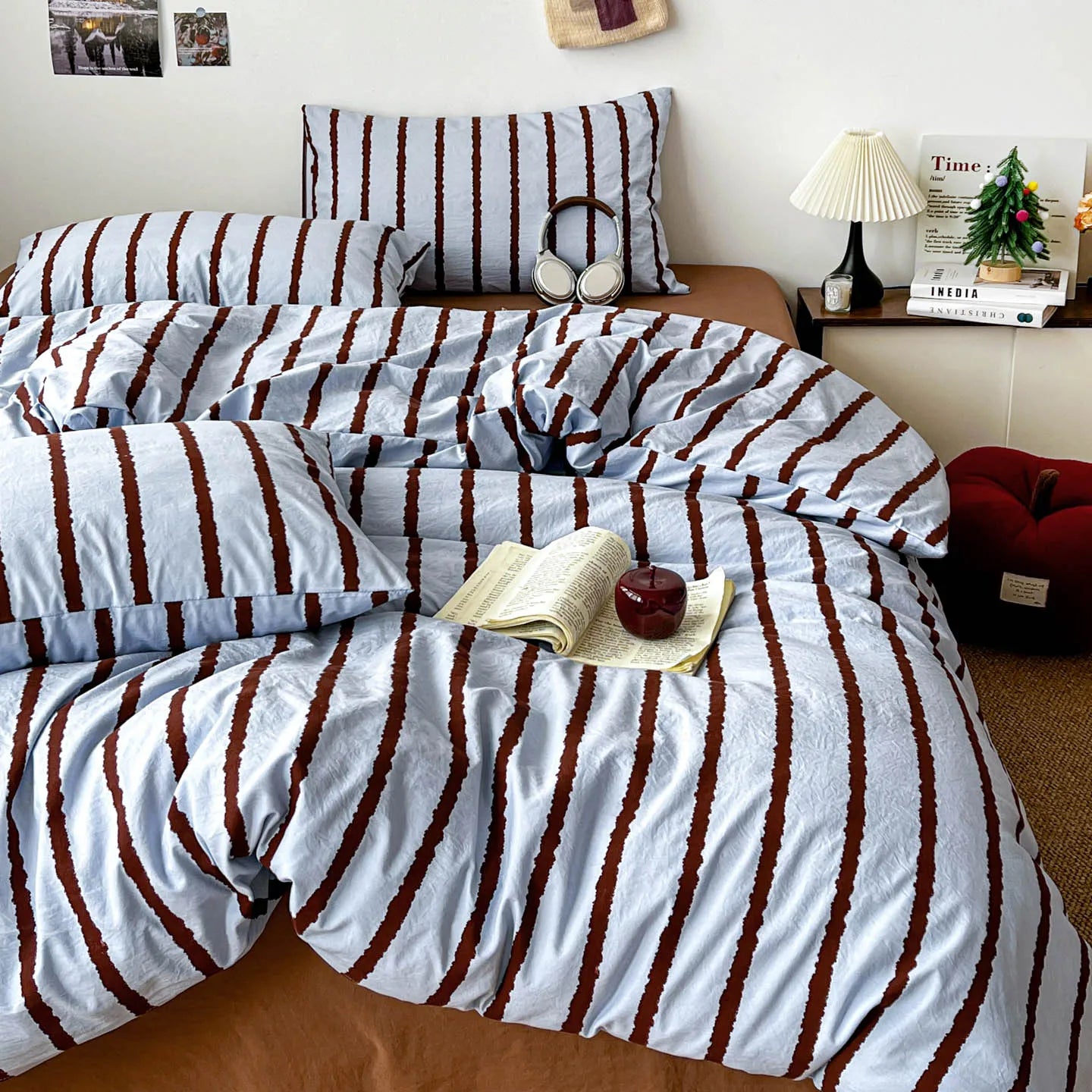 3pcs Simple Pink Striped Duvet Cover Set with 2 Pillowcases Soft Washed Cotton Bedding Set For Girls 150x200cm Bedroom Decor