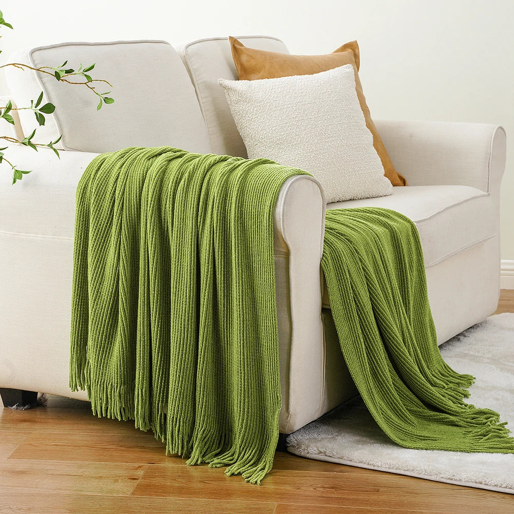 Battilo Chenille Knit Blankets with Tassels Green Plaid Throw Blanket for Bed Couch Decorative Sofa Blanket Bedroom Spring Decor
