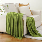 Battilo Chenille Knit Blankets with Tassels Green Plaid Throw Blanket for Bed Couch Decorative Sofa Blanket Bedroom Spring Decor