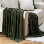 Battilo Chenille Knit Blankets with Tassels Green Plaid Throw Blanket for Bed Couch Decorative Sofa Blanket Bedroom Spring Decor