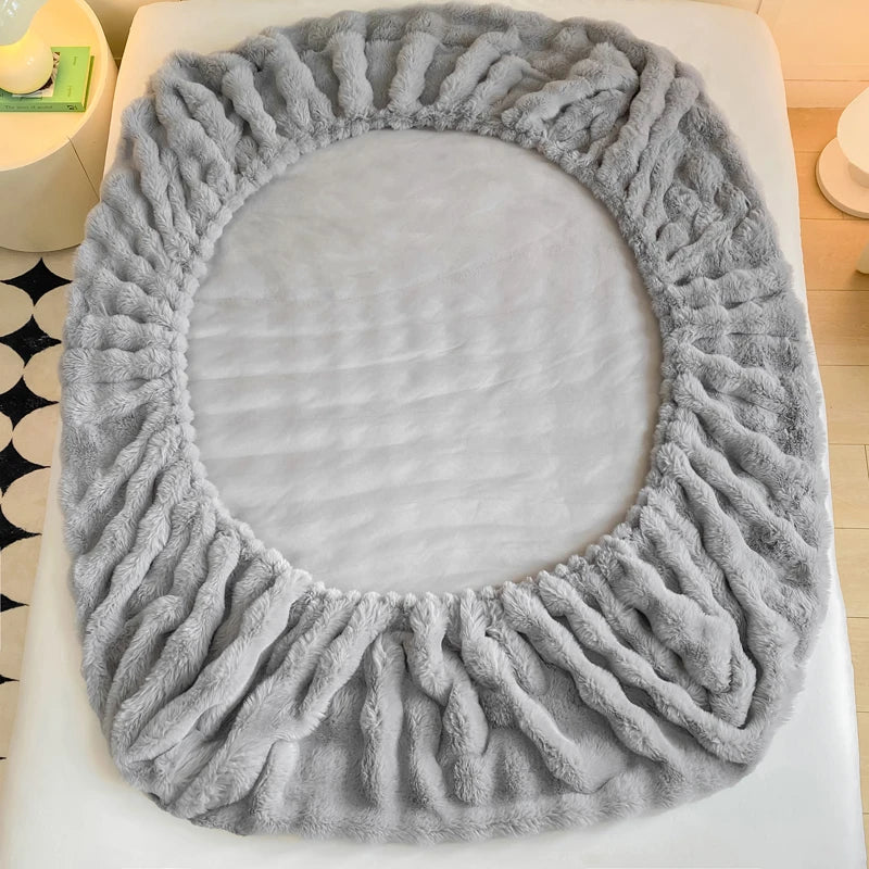 Fluffy Plush Fitted Bed Sheet for Winter Solid Color Rabbit Fleece Bed Sheets on Elastic Winter Warm Thicken Mattress Protector