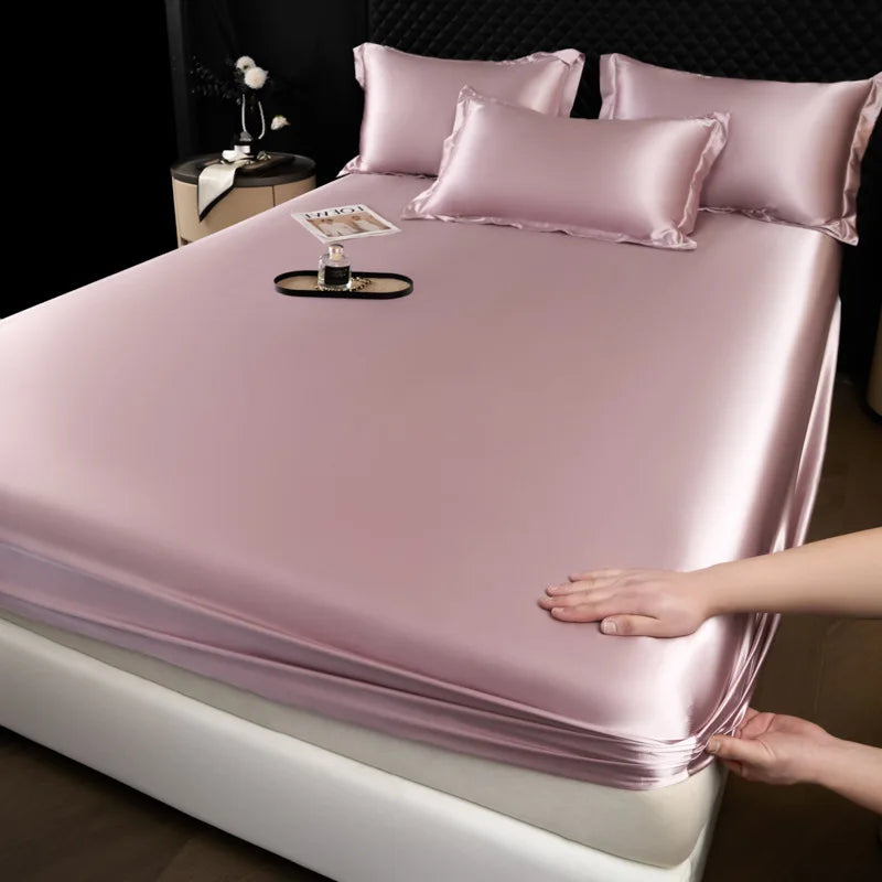 3 Pcs High End 100% Mulberry Silk Fitted Sheet Set with Pillowcase Luxury Solid Color Silk Bedsheet Soft Smooth Satin Bed Linen