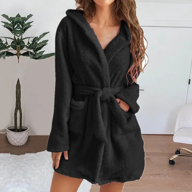 Autumn Winter Women Sexy Bath Robe Fluffy Plush Pyjamas Ladies Hooded Dressing Solid Color Gown Warm Bathrobe Female Loungewear