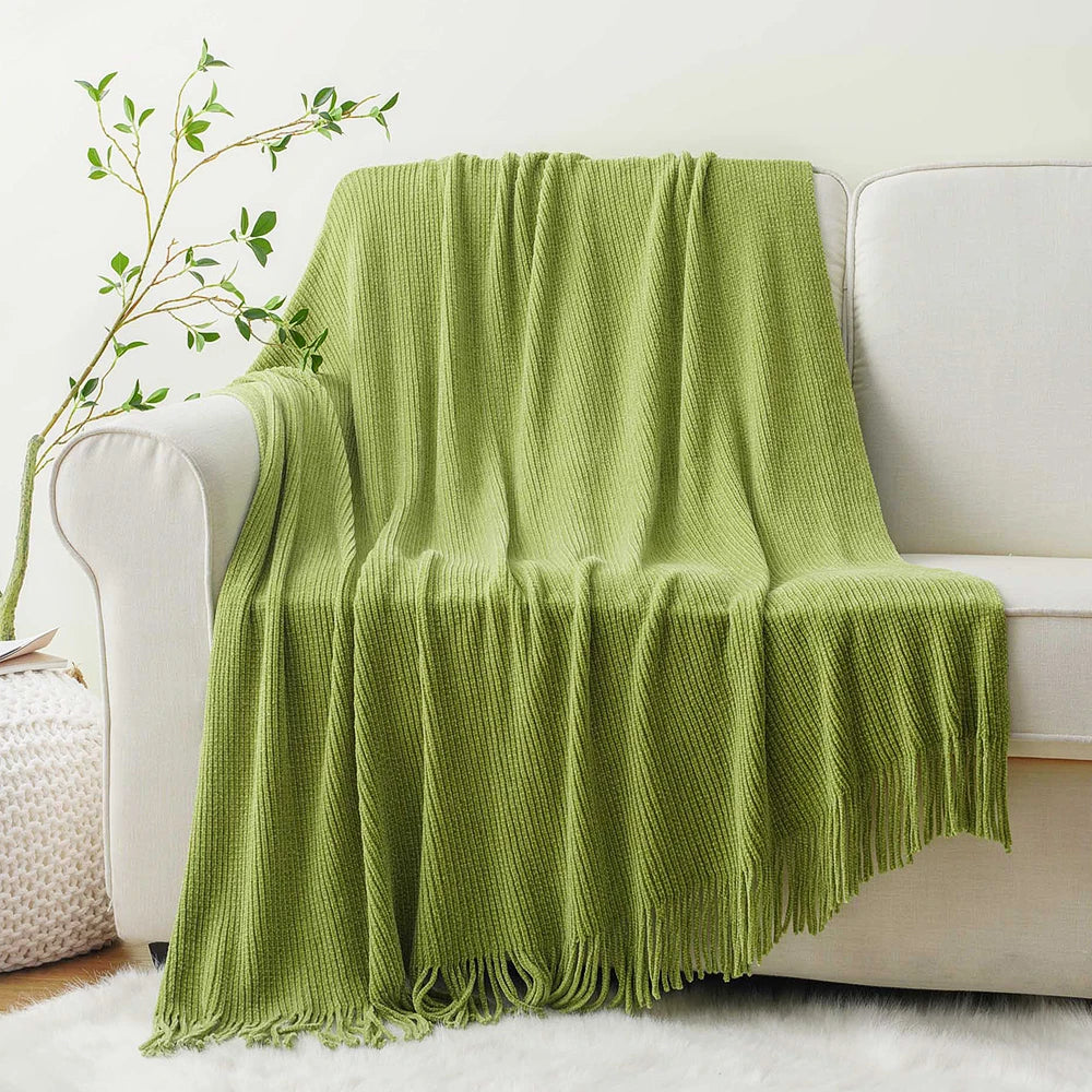 Battilo Chenille Knit Blankets with Tassels Green Plaid Throw Blanket for Bed Couch Decorative Sofa Blanket Bedroom Spring Decor