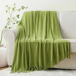 Battilo Chenille Knit Blankets with Tassels Green Plaid Throw Blanket for Bed Couch Decorative Sofa Blanket Bedroom Spring Decor
