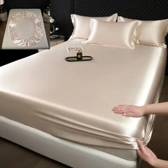 3 Pcs High End 100% Mulberry Silk Fitted Sheet Set with Pillowcase Luxury Solid Color Silk Bedsheet Soft Smooth Satin Bed Linen