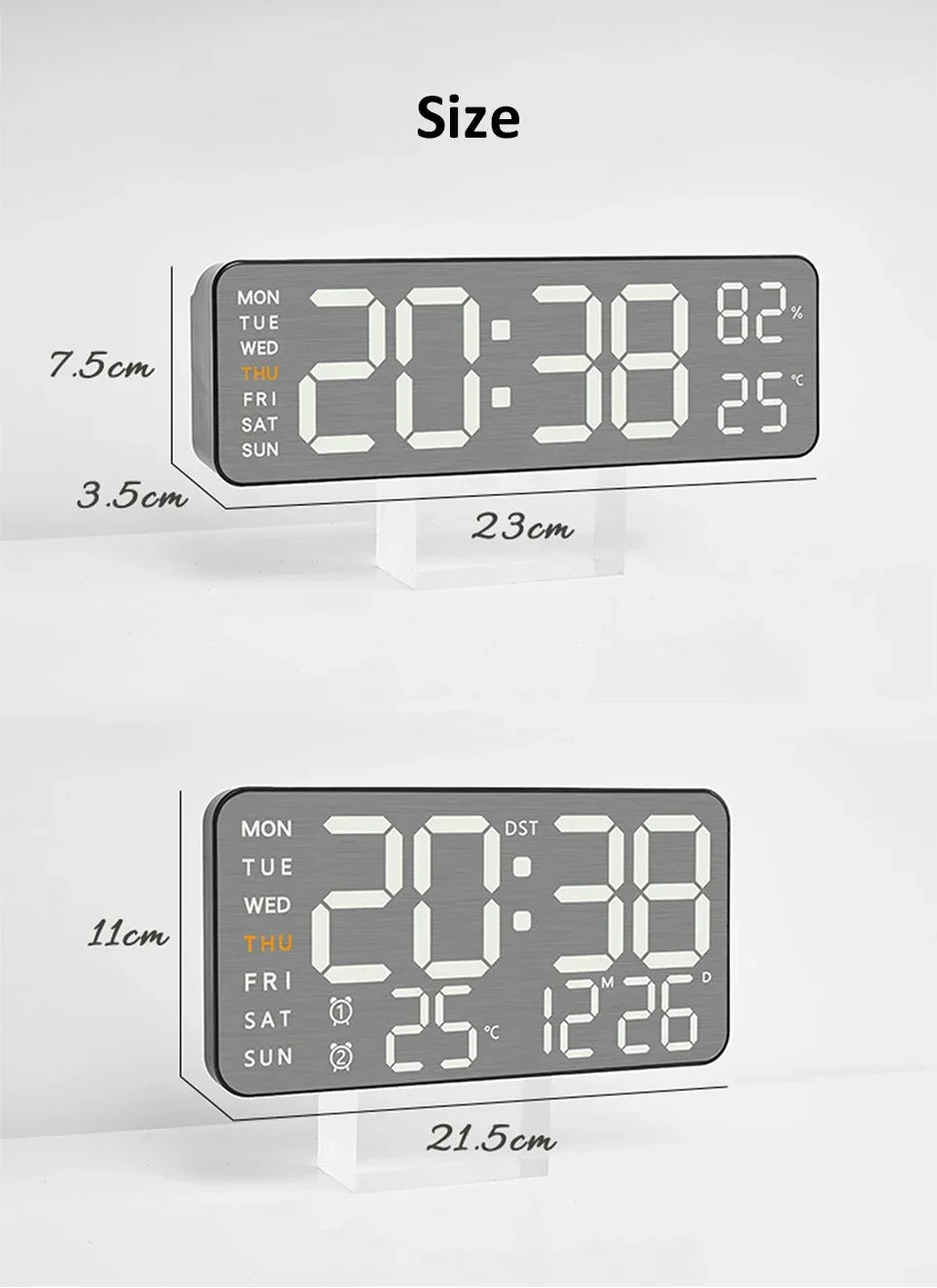 Mirror Brushed Finish Silent Wall Clock, Digital LED Display with Temperature Date Alarm, Modern Minimalist Decor for Bedroom