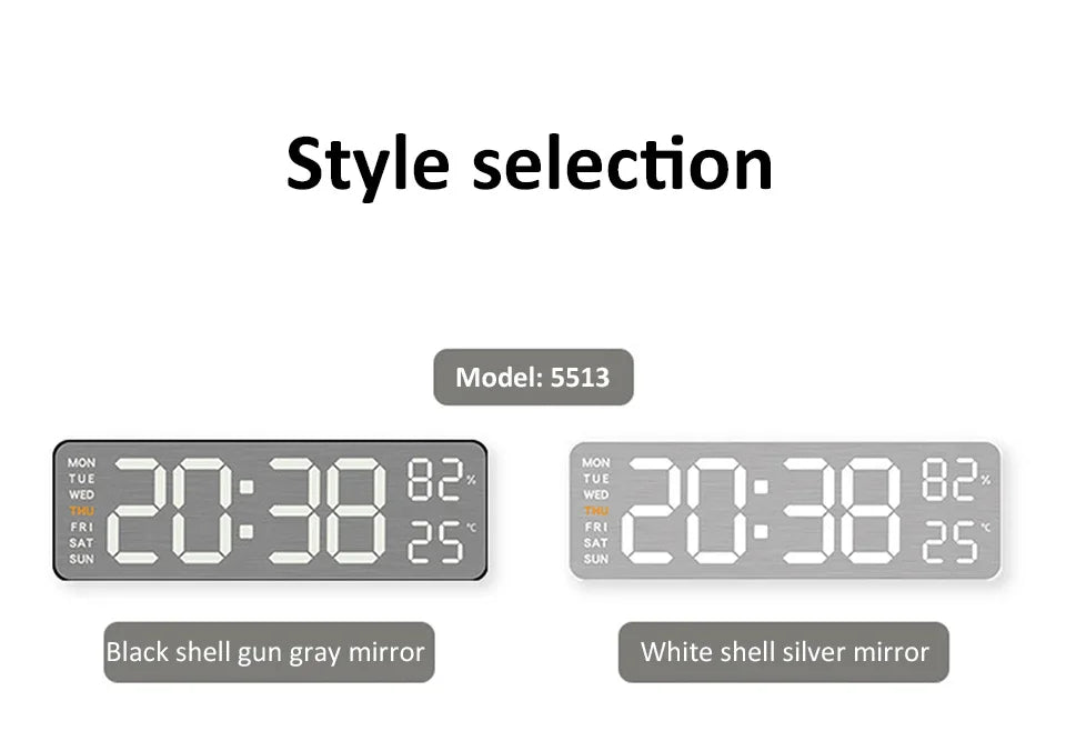 Mirror Brushed Finish Silent Wall Clock, Digital LED Display with Temperature Date Alarm, Modern Minimalist Decor for Bedroom
