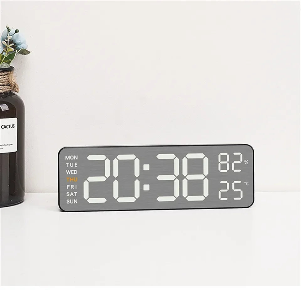 Mirror Brushed Finish Silent Wall Clock, Digital LED Display with Temperature Date Alarm, Modern Minimalist Decor for Bedroom