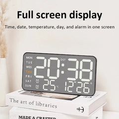 Mirror Brushed Finish Silent Wall Clock, Digital LED Display with Temperature Date Alarm, Modern Minimalist Decor for Bedroom