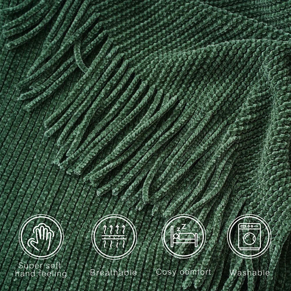Battilo Chenille Knit Blankets with Tassels Green Plaid Throw Blanket for Bed Couch Decorative Sofa Blanket Bedroom Spring Decor