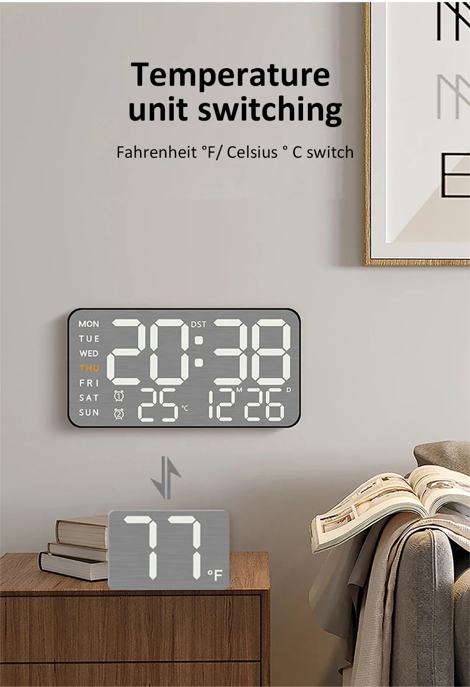 Mirror Brushed Finish Silent Wall Clock, Digital LED Display with Temperature Date Alarm, Modern Minimalist Decor for Bedroom