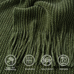Battilo Chenille Knit Blankets with Tassels Green Plaid Throw Blanket for Bed Couch Decorative Sofa Blanket Bedroom Spring Decor