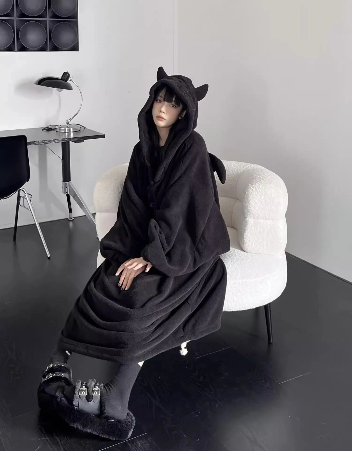 Thickened padded pajamas Solid color Homewear Loose oversized hooded Dresses Imp couple robe Fall and winter one-piece Sleepwear