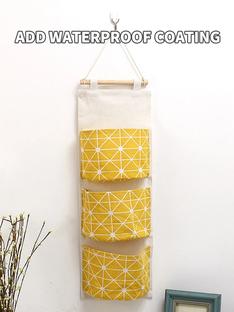 1PC Three Pockets Hanging Wall Storage Bag Household Bedroom Living Room Kitchen Cotton Linen Storage Bag