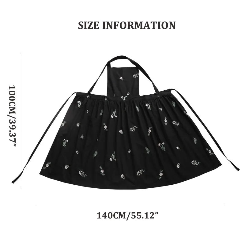 Kitchen Garden Embroidered Waterproof Cotton Dress Apron Women'S Cross Back Long Pleated Apron, Used for Cooking Work
