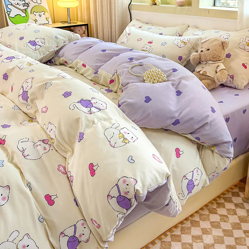 Washed Cotton Bedding Set Single Bed Three Piece Set Student Dormitory Pure Color Four Piece Set Bed Sheet Duvet Cover Quilt