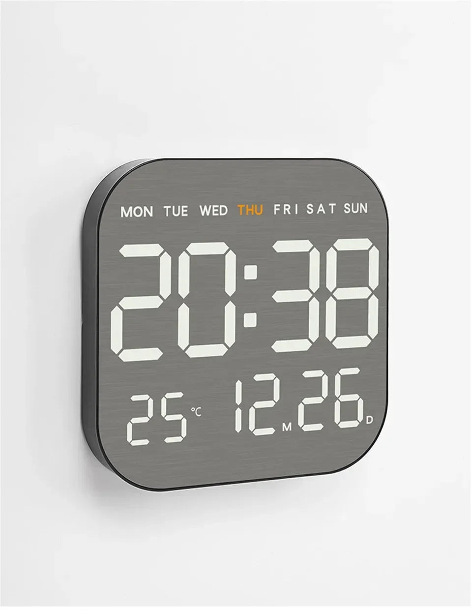 Mirror Brushed Finish Silent Wall Clock, Digital LED Display with Temperature Date Alarm, Modern Minimalist Decor for Bedroom