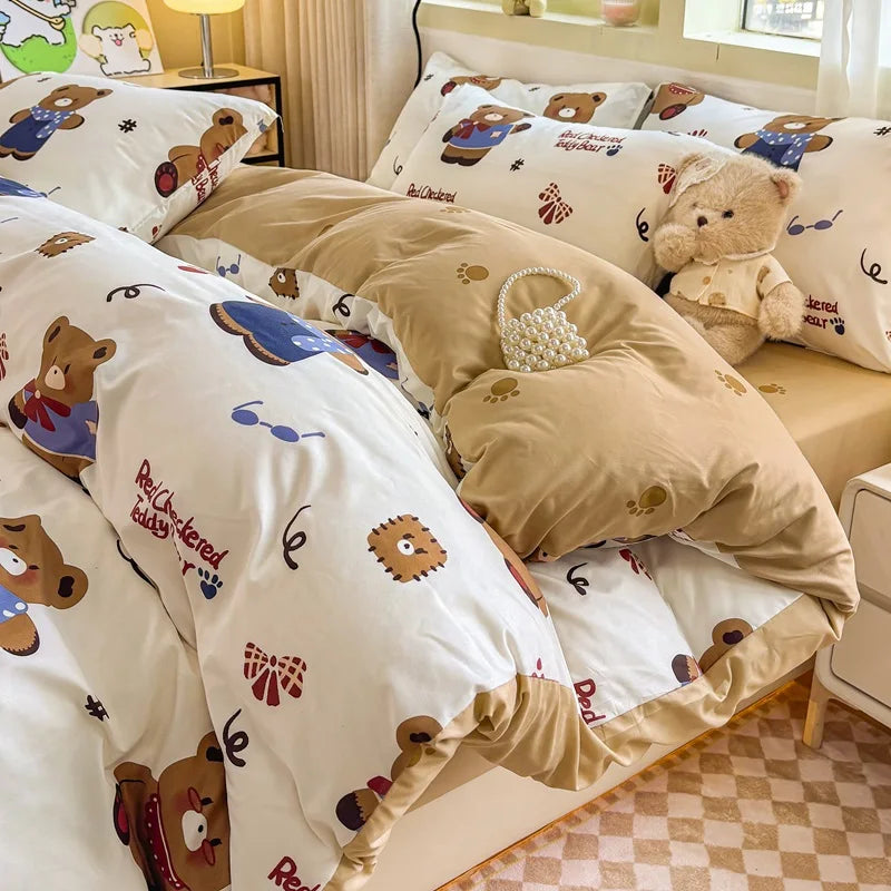 Washed Cotton Bedding Set Single Bed Three Piece Set Student Dormitory Pure Color Four Piece Set Bed Sheet Duvet Cover Quilt