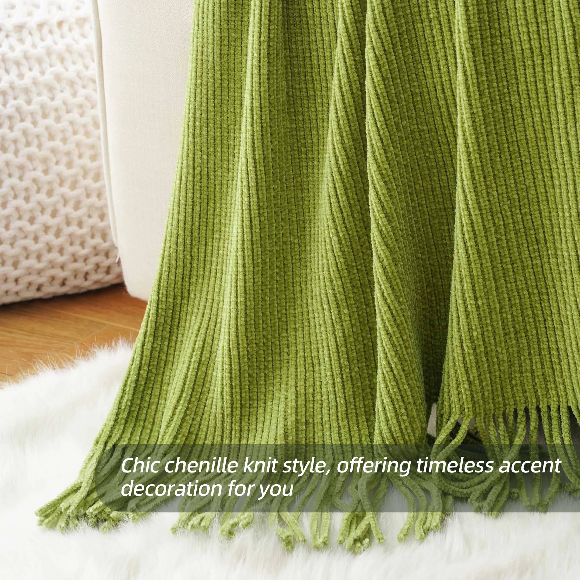 Battilo Chenille Knit Blankets with Tassels Green Plaid Throw Blanket for Bed Couch Decorative Sofa Blanket Bedroom Spring Decor