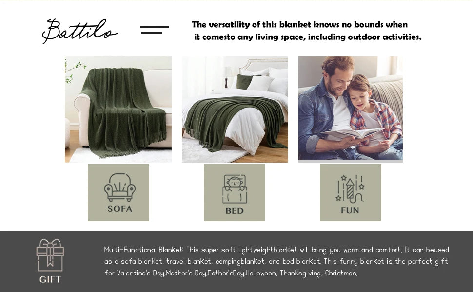 Battilo Chenille Knit Blankets with Tassels Green Plaid Throw Blanket for Bed Couch Decorative Sofa Blanket Bedroom Spring Decor