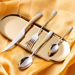 24pcs stainless steel tableware set, including knife, fork, spoon and coffee spoon gift box, dishwasher safe.
