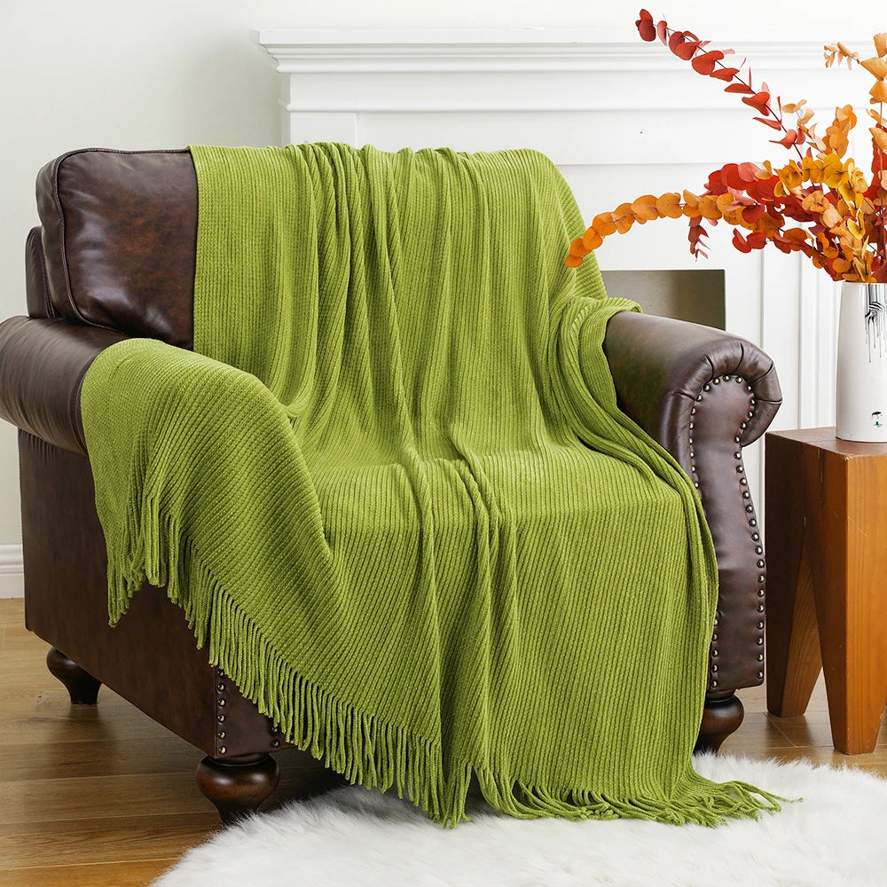 Battilo Chenille Knit Blankets with Tassels Green Plaid Throw Blanket for Bed Couch Decorative Sofa Blanket Bedroom Spring Decor