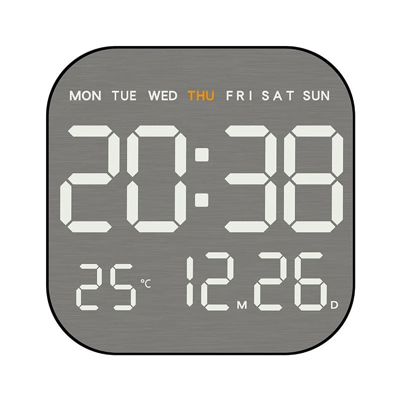 Mirror Brushed Finish Silent Wall Clock, Digital LED Display with Temperature Date Alarm, Modern Minimalist Decor for Bedroom