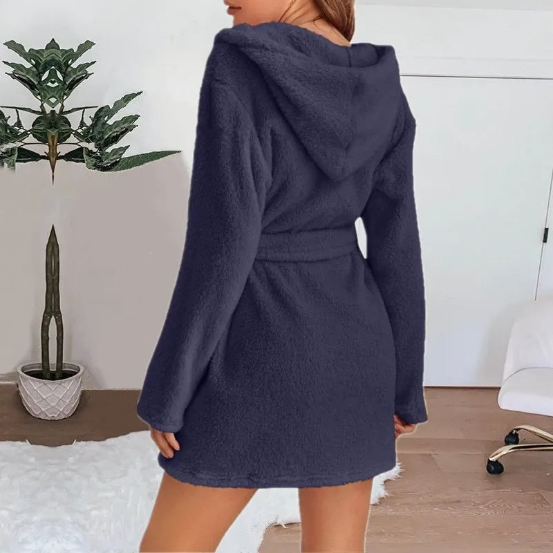 Autumn Winter Women Sexy Bath Robe Fluffy Plush Pyjamas Ladies Hooded Dressing Solid Color Gown Warm Bathrobe Female Loungewear