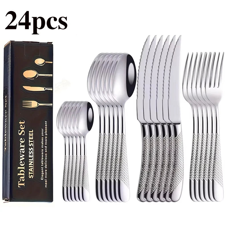24pcs stainless steel tableware set, including knife, fork, spoon and coffee spoon gift box, dishwasher safe.