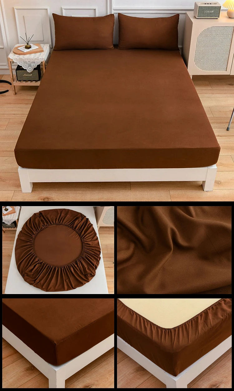 Kuup Polyester 3pcs Solid Color Queen Size Bedding Set - Fitted Sheet & Pillowcases with Elastic Band Mattress Cover