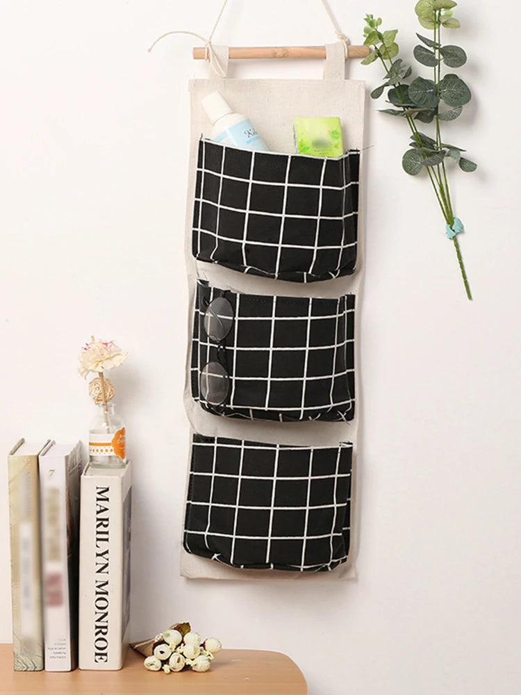 1PC Three Pockets Hanging Wall Storage Bag Household Bedroom Living Room Kitchen Cotton Linen Storage Bag