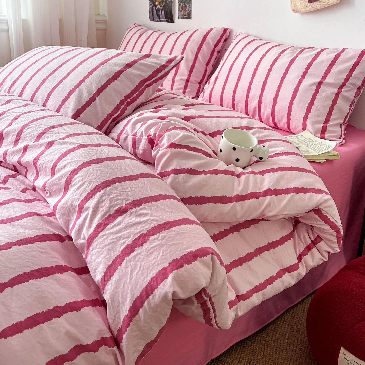 3pcs Simple Pink Striped Duvet Cover Set with 2 Pillowcases Soft Washed Cotton Bedding Set For Girls 150x200cm Bedroom Decor