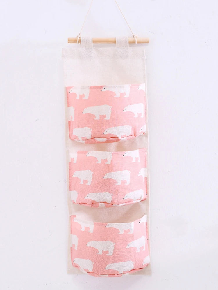 1PC Three Pockets Hanging Wall Storage Bag Household Bedroom Living Room Kitchen Cotton Linen Storage Bag