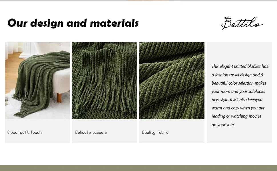 Battilo Chenille Knit Blankets with Tassels Green Plaid Throw Blanket for Bed Couch Decorative Sofa Blanket Bedroom Spring Decor