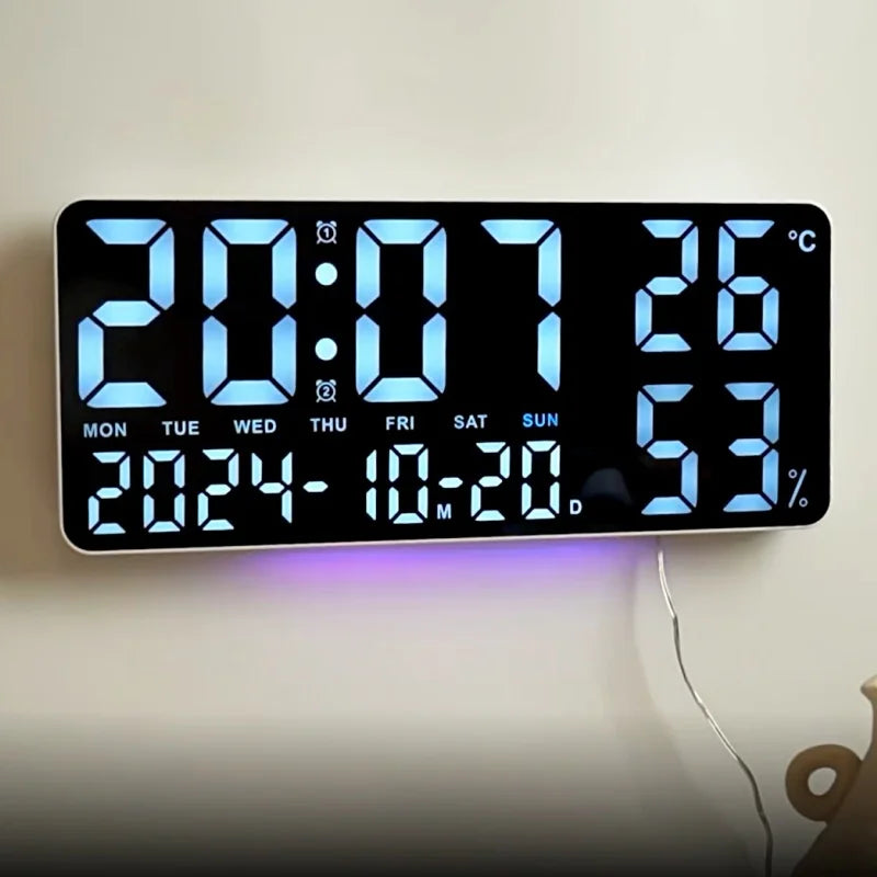 Large Digital Wall Clock with 7Colors Mood Light 2 Alarm TEMP Humidity Date Table Clock 12/24H Timing Countdown LED Alarm Clock