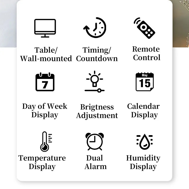 Large Digital Wall Clock with 7Colors Mood Light 2 Alarm TEMP Humidity Date Table Clock 12/24H Timing Countdown LED Alarm Clock