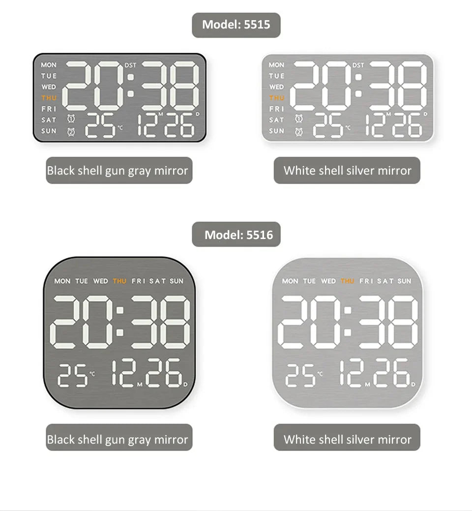 Mirror Brushed Finish Silent Wall Clock, Digital LED Display with Temperature Date Alarm, Modern Minimalist Decor for Bedroom