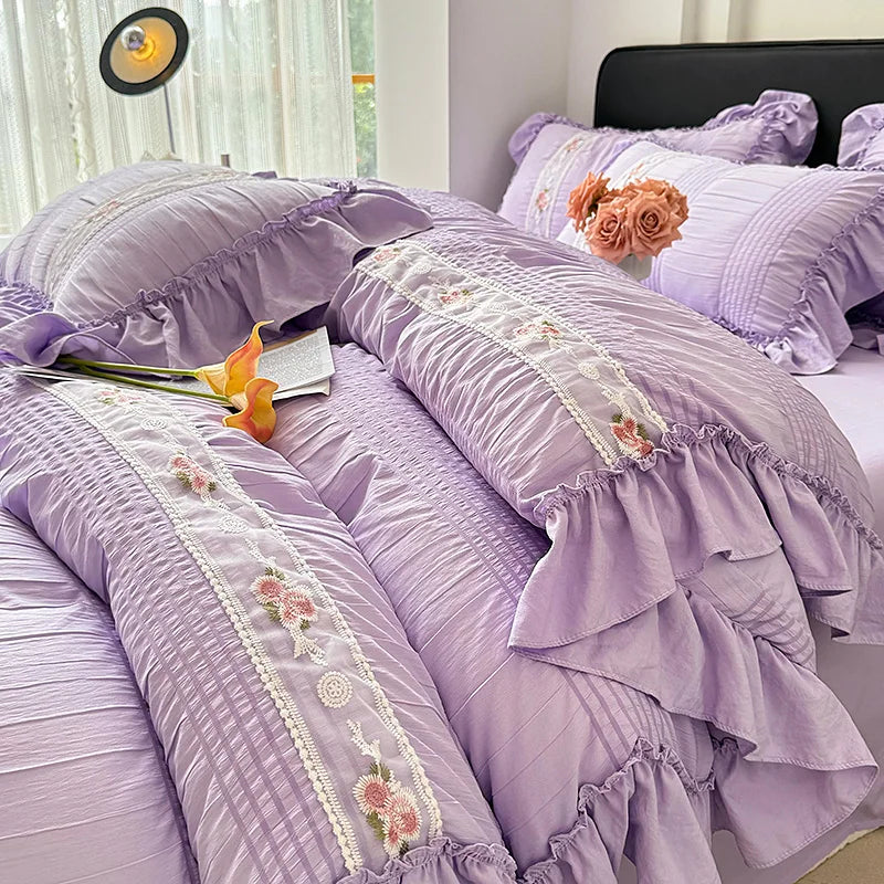 Korean Princess Style Lace Ruffles Wedding Bedding Set Seersucker Washed Cotton Soft Duvet Cover Set Bed Sheet Pillowcase 3/4Pcs