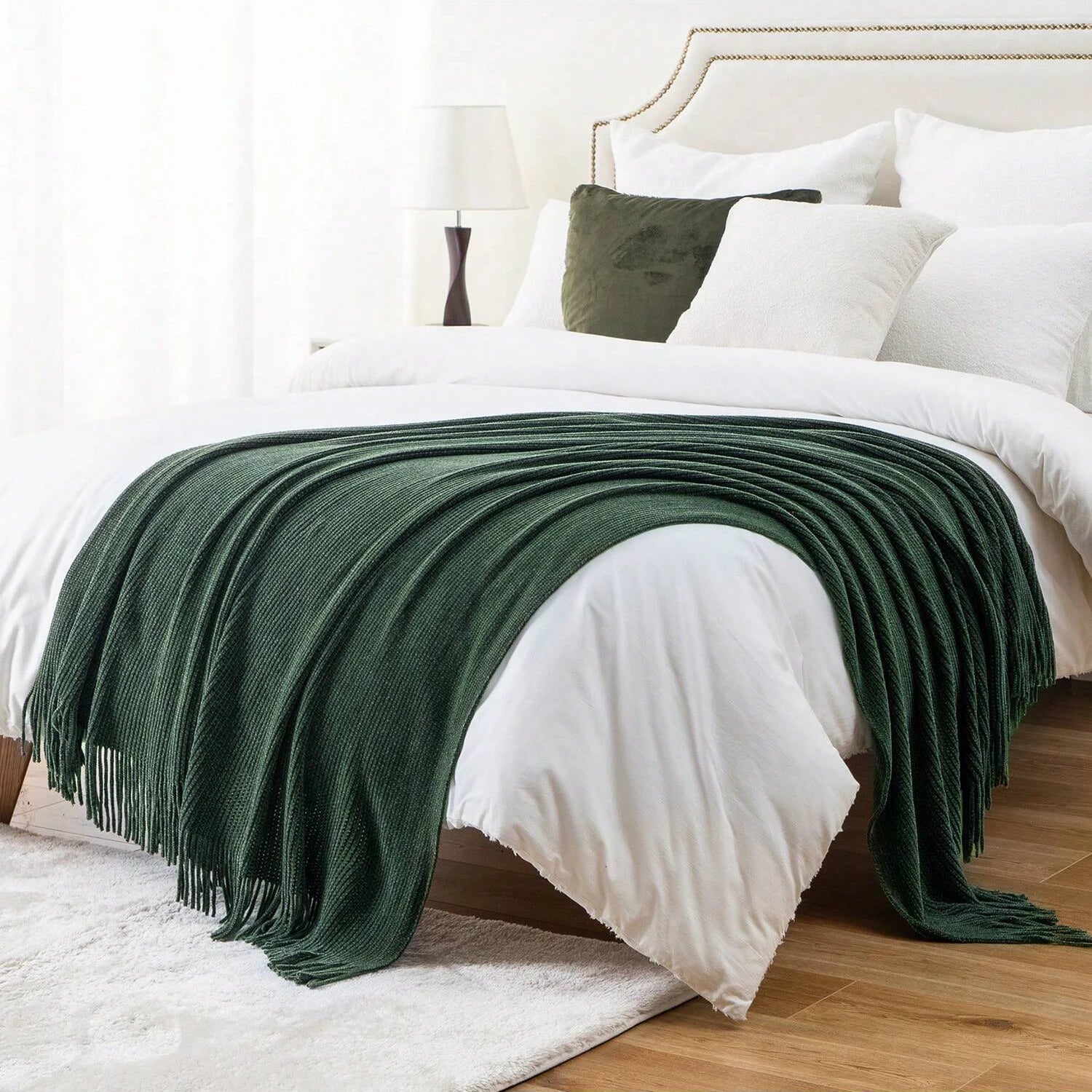 Battilo Chenille Knit Blankets with Tassels Green Plaid Throw Blanket for Bed Couch Decorative Sofa Blanket Bedroom Spring Decor
