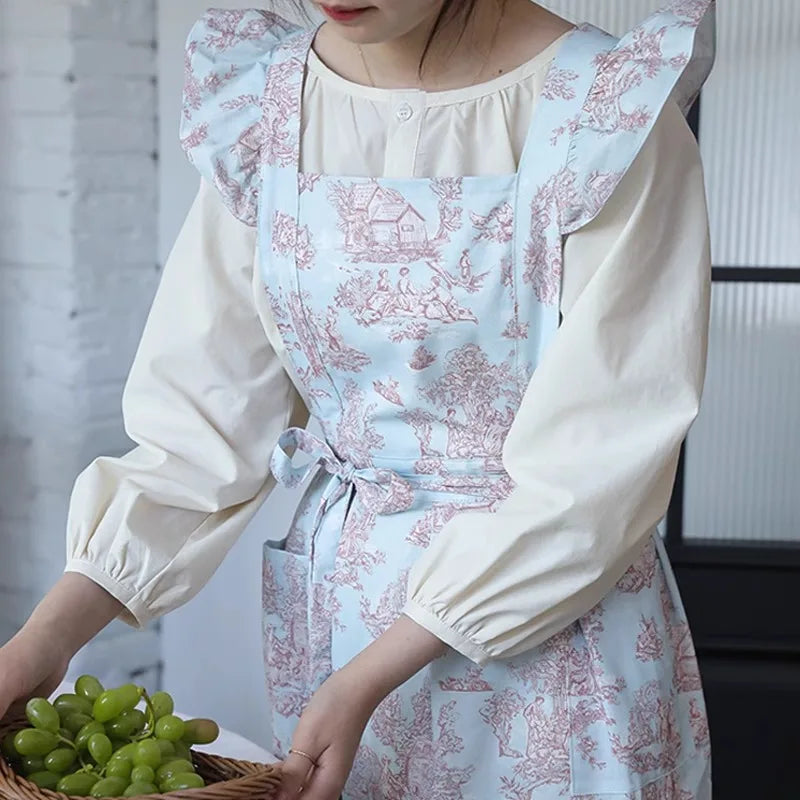 Long Print Water-resistant Cotton Ruffled Kitchen Apron with Pockets for Women Cross-back Pinafore for Cooking Baking Gardening