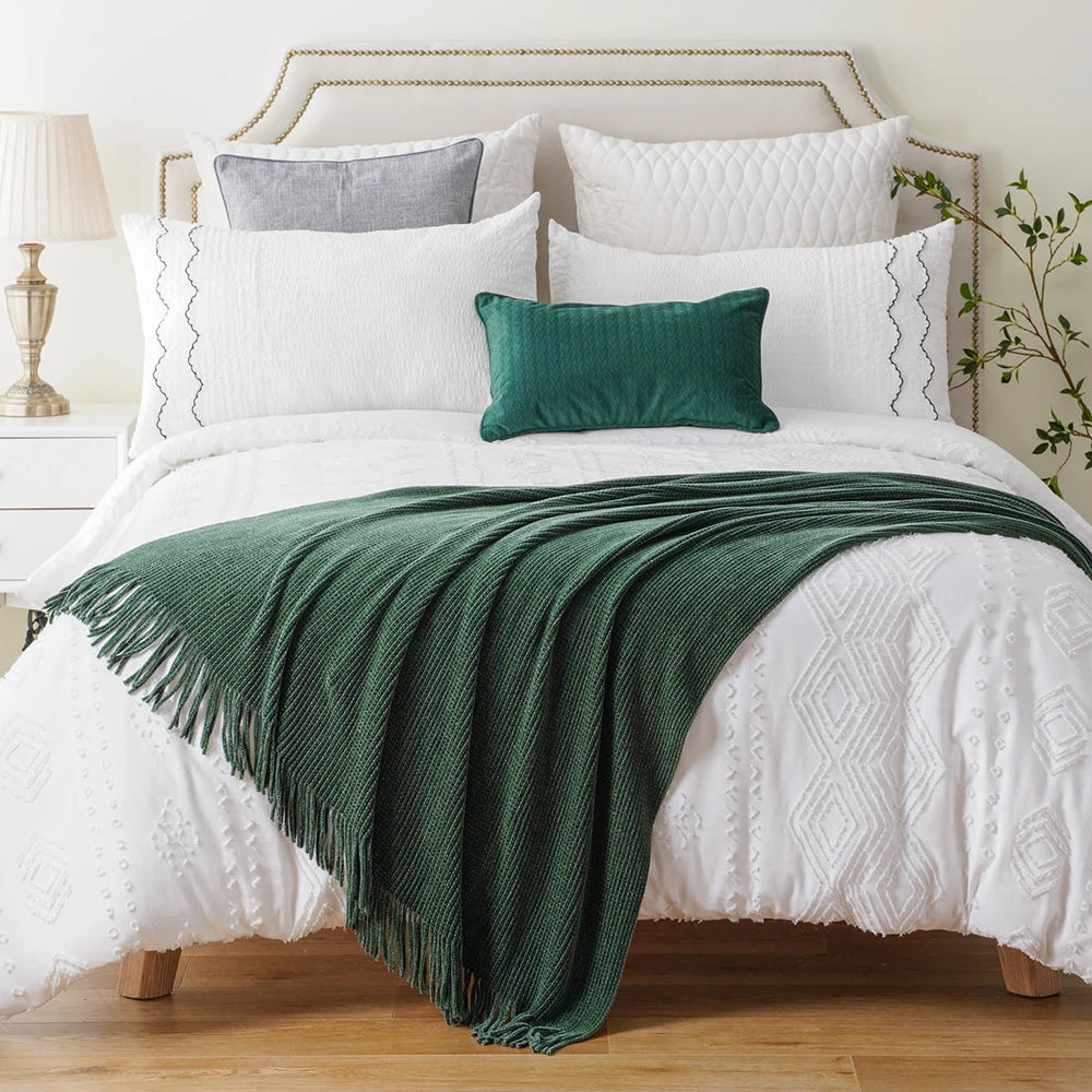 Battilo Chenille Knit Blankets with Tassels Green Plaid Throw Blanket for Bed Couch Decorative Sofa Blanket Bedroom Spring Decor
