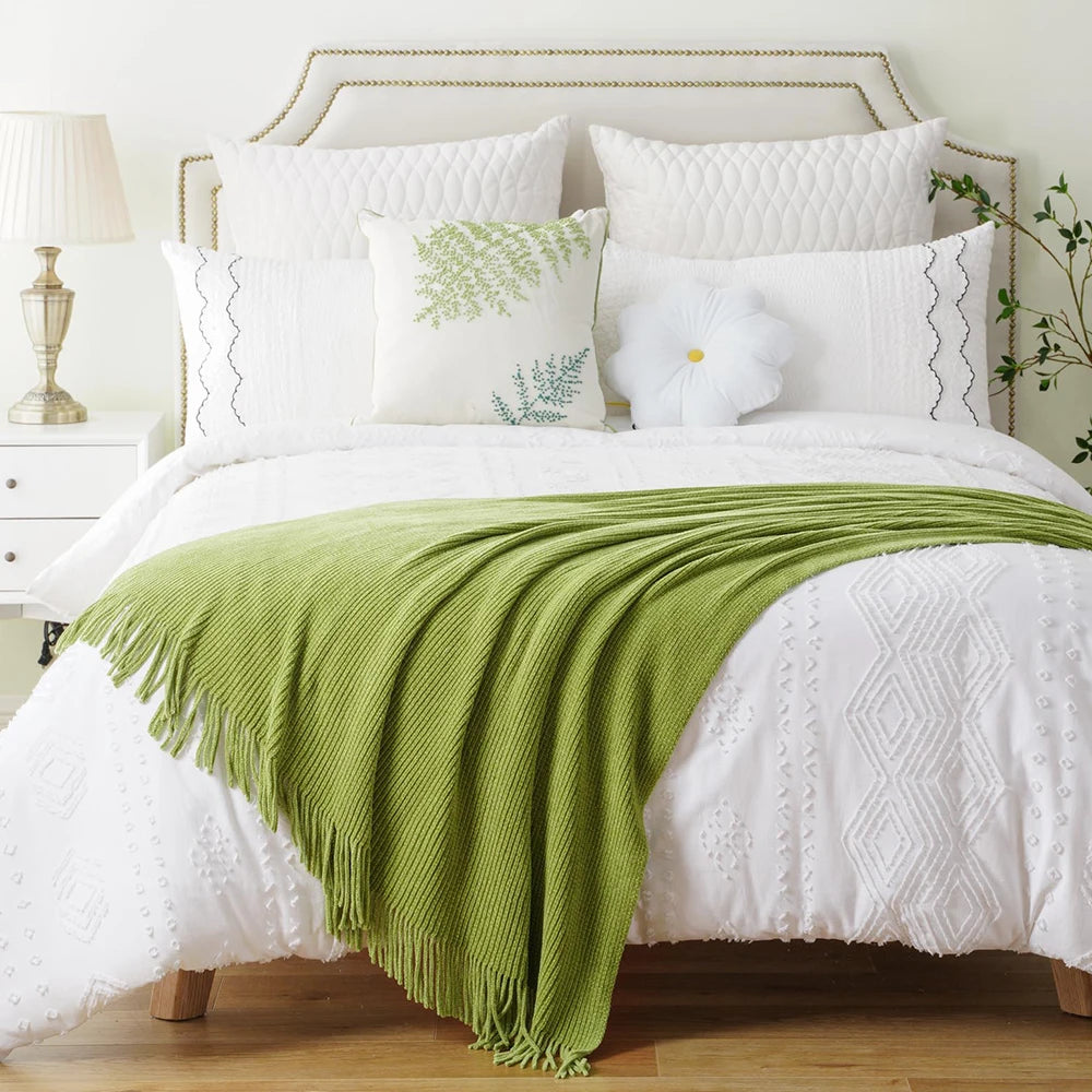 Battilo Chenille Knit Blankets with Tassels Green Plaid Throw Blanket for Bed Couch Decorative Sofa Blanket Bedroom Spring Decor